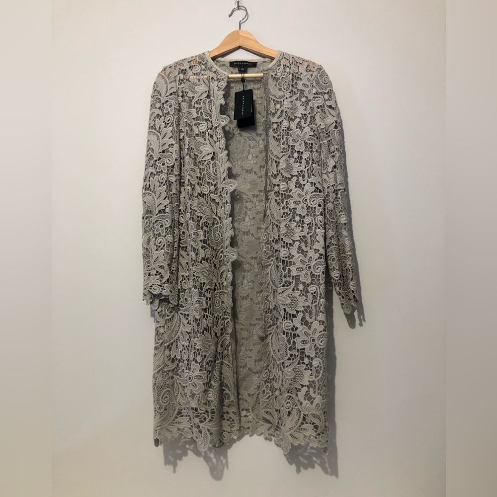 NWT Ralph Lauren Black Label Thora Cotton Taupe Gray Lace Duster Cardigan Coat
